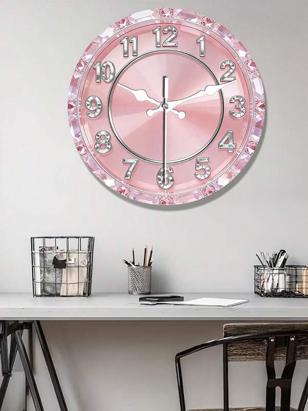 1pc 2D Flat Pink Crystal Theme Silent Decorative Wall Clock, Creative Clock Suitable For Bedroom, Living Room, Office, Size 10/12 Inches (Batteries Not Included)