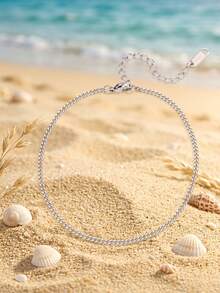 Elegante tobillera de cadena cubana de acero inoxidable en miniatura plateada, joyería minimalista para el pie en vacaciones de playa - Plateado - Ver 3