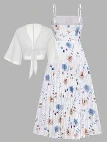 Women's Elegant Ditsy Floral Chiffon Dress With Shawl, 2 Pieces Set Spring Summer - Multicolor - View 3