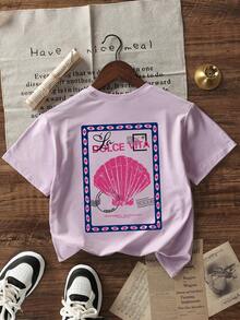 Girls & Teens Casual Printed White Crew Neck Short Sleeve T-Shirt, Summer Top - Mauve Purple - View 3