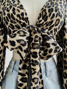 Conjunto de Verano para Mujer , Blusa Casual de Vacaciones con Lazo Frontal, Manga Acampanada, Puño con Volantes y Estampado de Leopardo - Multicolor 2 - Ver 5