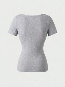 Blusa de manga corta y cuello redondo casual y elegante, adecuada para uso diario, ir al trabajo y salir, primavera/verano - Gris Claro - Ver 7