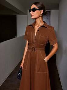 Vestido casual de mujer con inspiración vintage de manga corta, diseño de bloqueo de color con cuello, botones delanteros y bolsillos, cintura ajustada, tela ligera y transpirable sin estiramiento, fácil cuidado.Consulte la tabla de tallas al realizar la compra. - Marrón - Ver 2