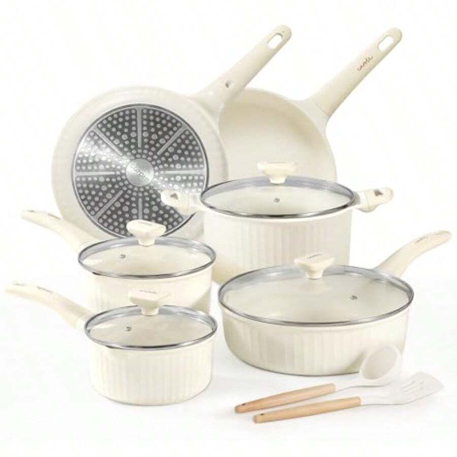 CAROTE Batería de Cocina 12 Piezas, Ollas y Sartenes Antiadherentes, Color Crema Blanco, Compatible con Inducción y Gas - Ver 1