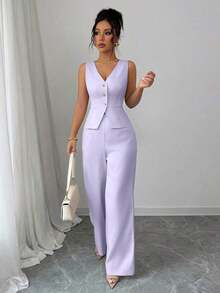 Conjunto de camiseta sin mangas y pantalones elegante para mujer, estilo de oficina y transporte, atuendo de otoño para maestros - Púrpura malva - Ver 5