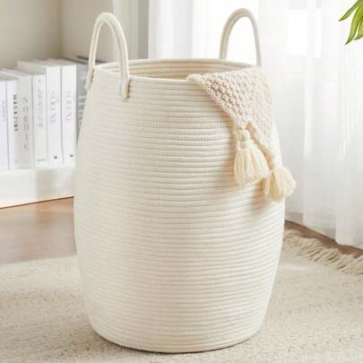 1pc Bohemian Style Laundry Basket, Large Woven Clothes Basket, 22 Inches Tall, With Extended Handle, Handwoven Storage Basket, Suitable For Bedroom And Bathroom, Foldable, Fabric Material, Open Design, Storage Basket For Blankets, Toys, Pillows, Towels And Items.