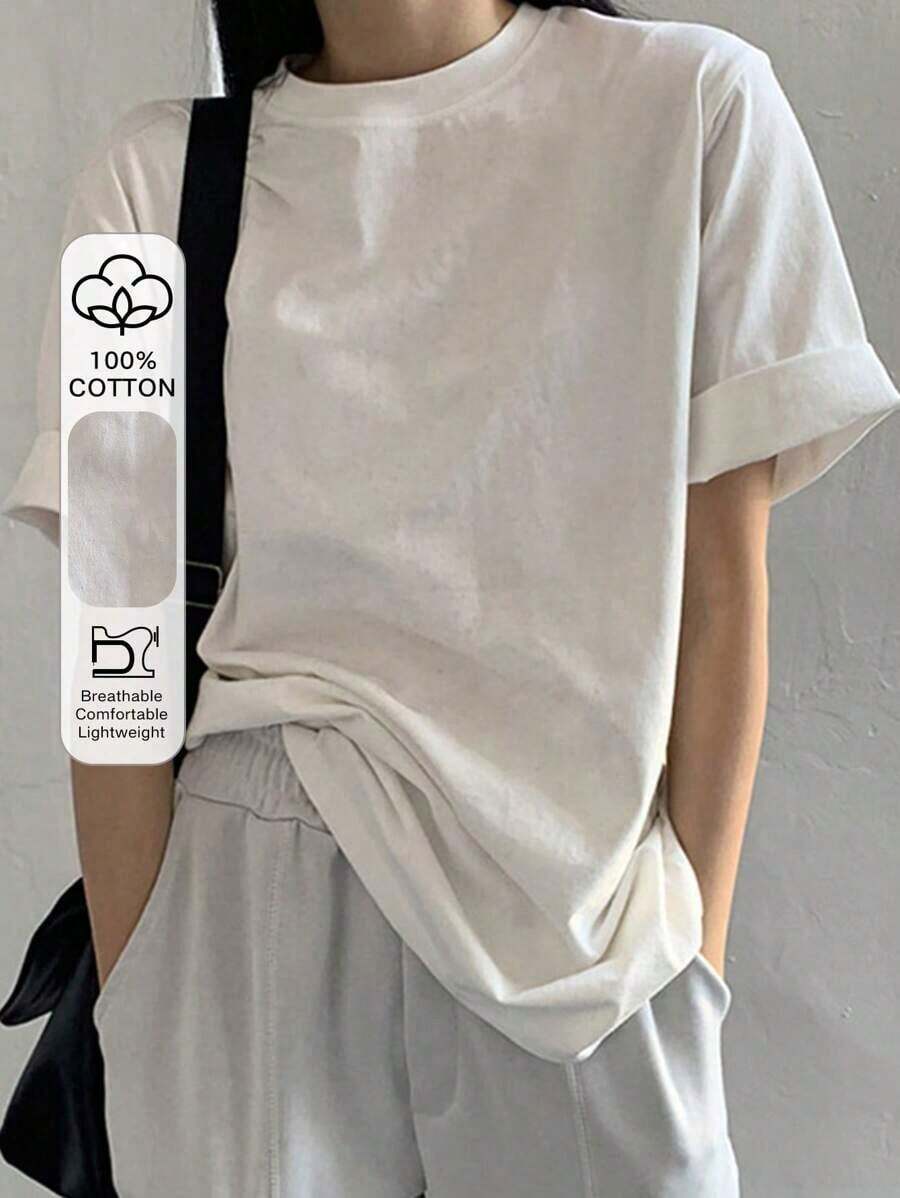 Camisetas De Mujer AlgodóN Camiseta De Manga Corta De Ajuste Holgado Y Cuello Redondo De Unicolor Para Verano, Camiseta Oversize - Blanco - Ver 1