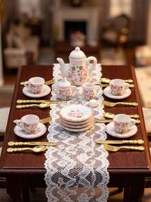 12/27pcs Miniature Ceramic Tea Set 1:12 Dollhouse Porcelain Tea Set, Mini Tea Cups Plates Teapot Tableware Set, Floral Pattern Mini Kitchen Accessories, Dollhouse Furniture Decor Gnome Kitchen Accessories, Birthday Gift Mini Tableware DIY Scene Props - A - View 7