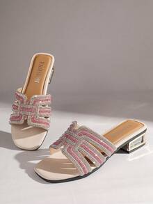 Women's Gold Foil Luxury Style Rhinestone Criss-Cross Strap Slide Sandals, Party Spring/Summer Square Toe Electroplated Low Heel Slip-On Open Toe Shiny Slip-On Slippers - Pink - View 4