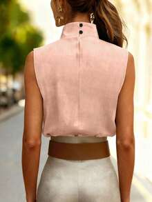 Top sin mangas de cuello alto con pliegues, top ajustado de diseño exclusivo y elegante para mujer, casual de verano - Rosa - Ver 5