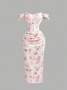 Vestido ajustado con hombros descubiertos y estampado floral rosa para mujer - Rosa - Ver 5