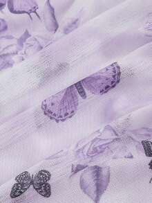 Vestido ajustado de malla con volantes y estampado floral para mujeres, vestidos elegantes para mujeres, ropa de mujer, vintage, ropa hippie, vestido para baile de máscaras - Morado - Ver 4