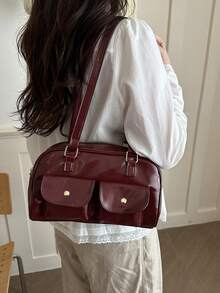 1pc Minimalist Retro Zipper Tote Bag, Decorated With Pockets, Dual Handles, Suitable For Women's Casual And Commuting Daily Use - Burgundy - View 2