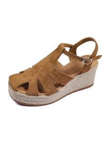New Women's Wedge Thick Bottom Sandals, Fashion Versatile Hollow Wedge Sandals, Suede Woven Thick Bottom Strap Open Toe Casual Shoes - Brown - View 10