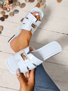 Ximi Ruo New Spring/Summer Fashion Casual Strap Slide Sandals, Comfortable Flat Heel Round Toe Slip-On Beach Slippers, Versatile Decorative Flat Sandals For Summer - Baby Blue - View 3