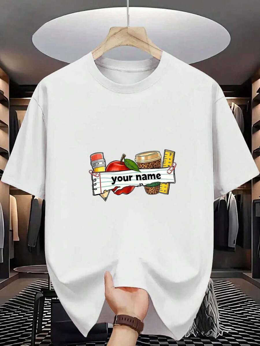 Men's Back-To-School T-Shirt With A Print Of School Supplies Including An Apple, Pencil, Coffee, And Ruler. Made From High-Quality Material, This Premium T-Shirt Is Durable And Stylish For Casual Wear. - 白色 - 查看 1