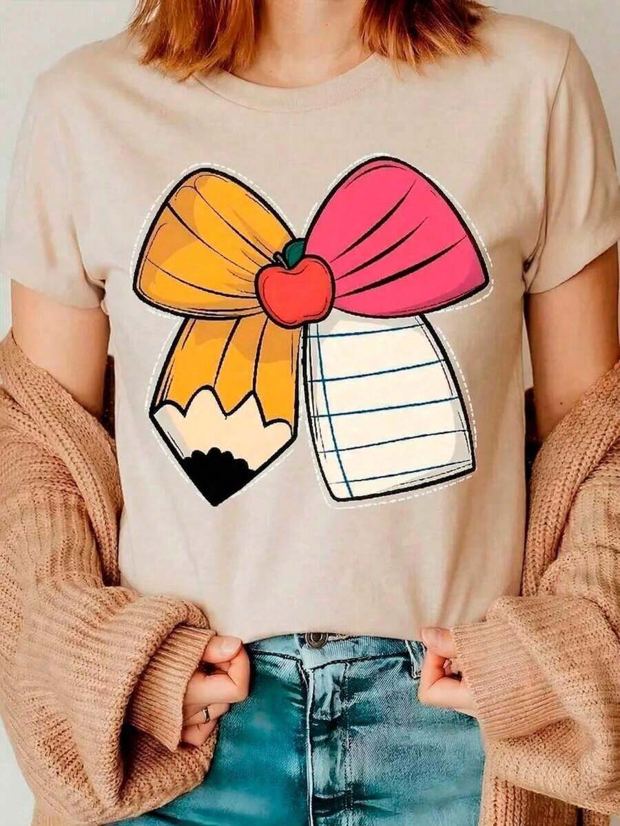 1 Piece Of Women's T-Shirt, Fashionable Cool Casual Crew Neck T-Shirt With Printed Letters, Women's Sweater Clothing For All Seasons (Spring, Summer, Autumn, Winter), Suitable For Sports/Beach/Street/Party, As A Gift For Him/Her, Friends - 180g And 100% Cotton (S-3XL, Local Shipping) - 貝斯 - 查看 1