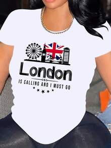 Camiseta de manga corta informal y versátil con cuello redondo, diseño de la Rueda de la Fortuna, la Torre del Reloj y la Bandera Británica de Londres, estilo veraniego, 2026. - Blanco - Ver 1