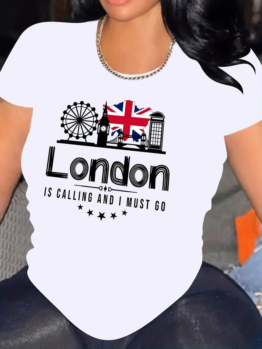 Camiseta de manga corta informal y versátil con cuello redondo, diseño de la Rueda de la Fortuna, la Torre del Reloj y la Bandera Británica de Londres, estilo veraniego, 2026. - Blanco - Ver 1