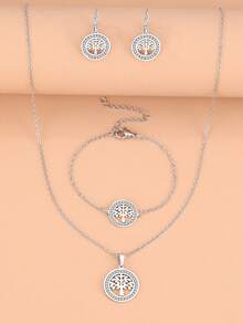 Stainless Steel Jewelry Set Featuring Lucky Tree Pendant With Elegant Crystal & Rhinestones Decor, Necklace, Bracelet, Earrings, Perfect As Wedding Gift For Women - Silver - View 4