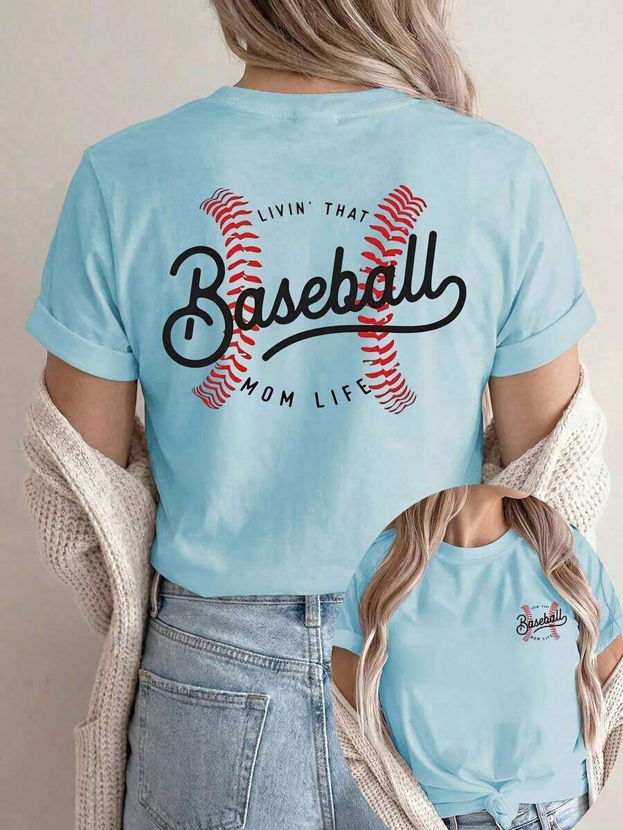 [Impresión a Doble Cara] Camiseta de Mujer, de Manga Corta y Cuello Redondo, Estilo Casual, con Costuras de Béisbol y el Texto "LIVIN' THAT MOM LIFE", Lavable a Máquina, Adecuada para Uso Casual, Ropa Multiusos, Camiseta a la Moda, Material Cómodo, Para Entusiastas del Estilo, Camiseta de Mujer con Estampado Retro Vintage - Azul - Ver 1