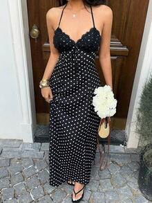 Vestido largo con estampado de lunares negros, encaje y parches, escote en V, cuello halter, espalda descubierta, cintura con lazo, para mujer, primavera/verano, elegante para vacaciones/citas/invitada de boda, uso diario minimalista - Negro - Ver 4