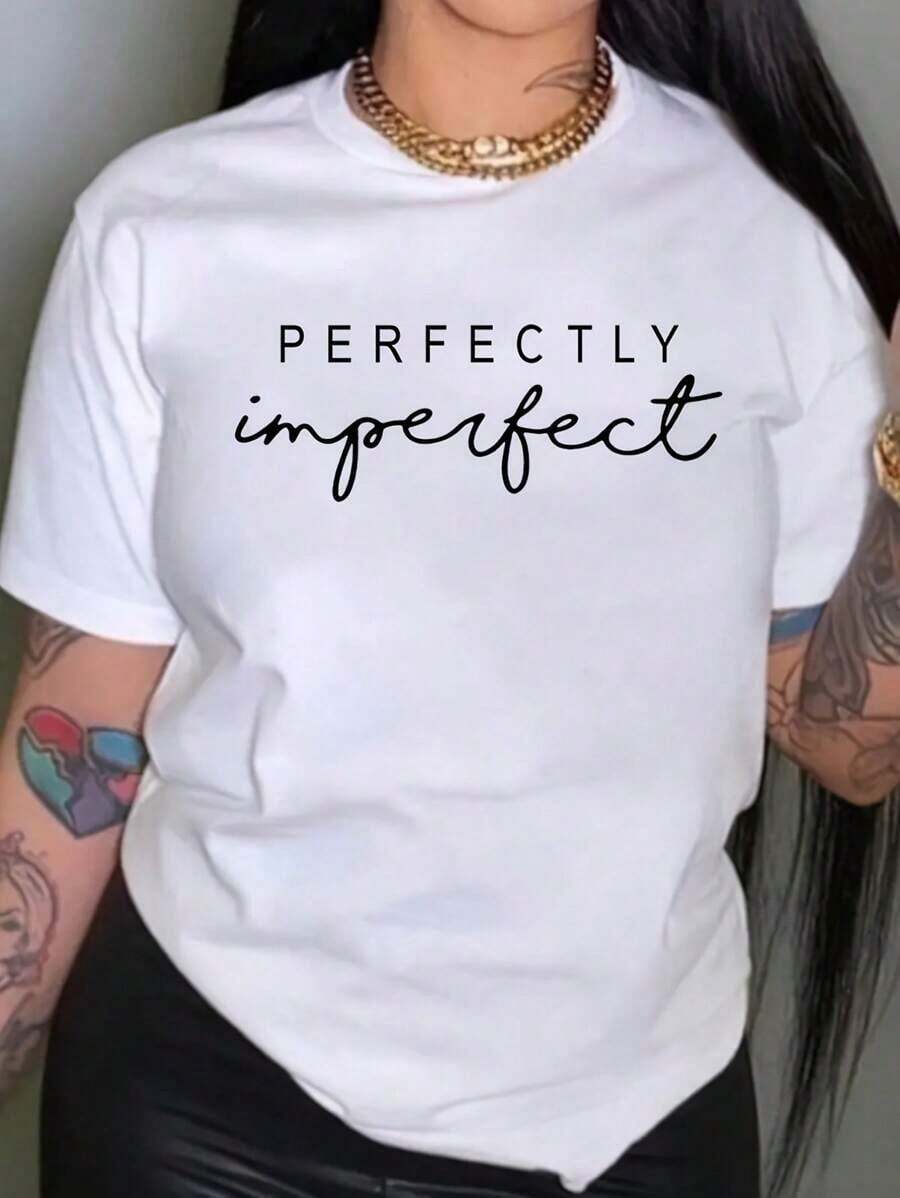 Playera de mujer 100% algodón manga corta con gráfico con frase inspiradora, estilo relajado urbano, cuello redondo, transpirable para verano, modelo versátil - Blanco - Ver 1