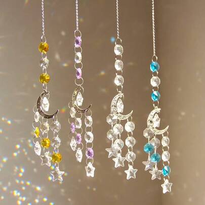 1 pieza Atrapasueños de 45cm/17.72 pulgadas con luna y estrella de cristal plateado, adorno colgante de cristal prismático facetado K9 multicolor, atrapador de arcoíris con cadena de metal, decoración celestial bohemia para ventana del hogar, dormitorio, sala de estar, guardería, sala de meditación, boda, Día de San Valentín, Día de la Madre, Navidad, primavera, verano, decoración festiva durante todo el año, regalo ideal para amantes de los cristales