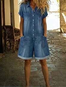 Spring 2026 Short-Sleeved Multi-Pocket Shirt Washed Denim Jumpsuit Shorts - Màu xanh lam - Xem 1