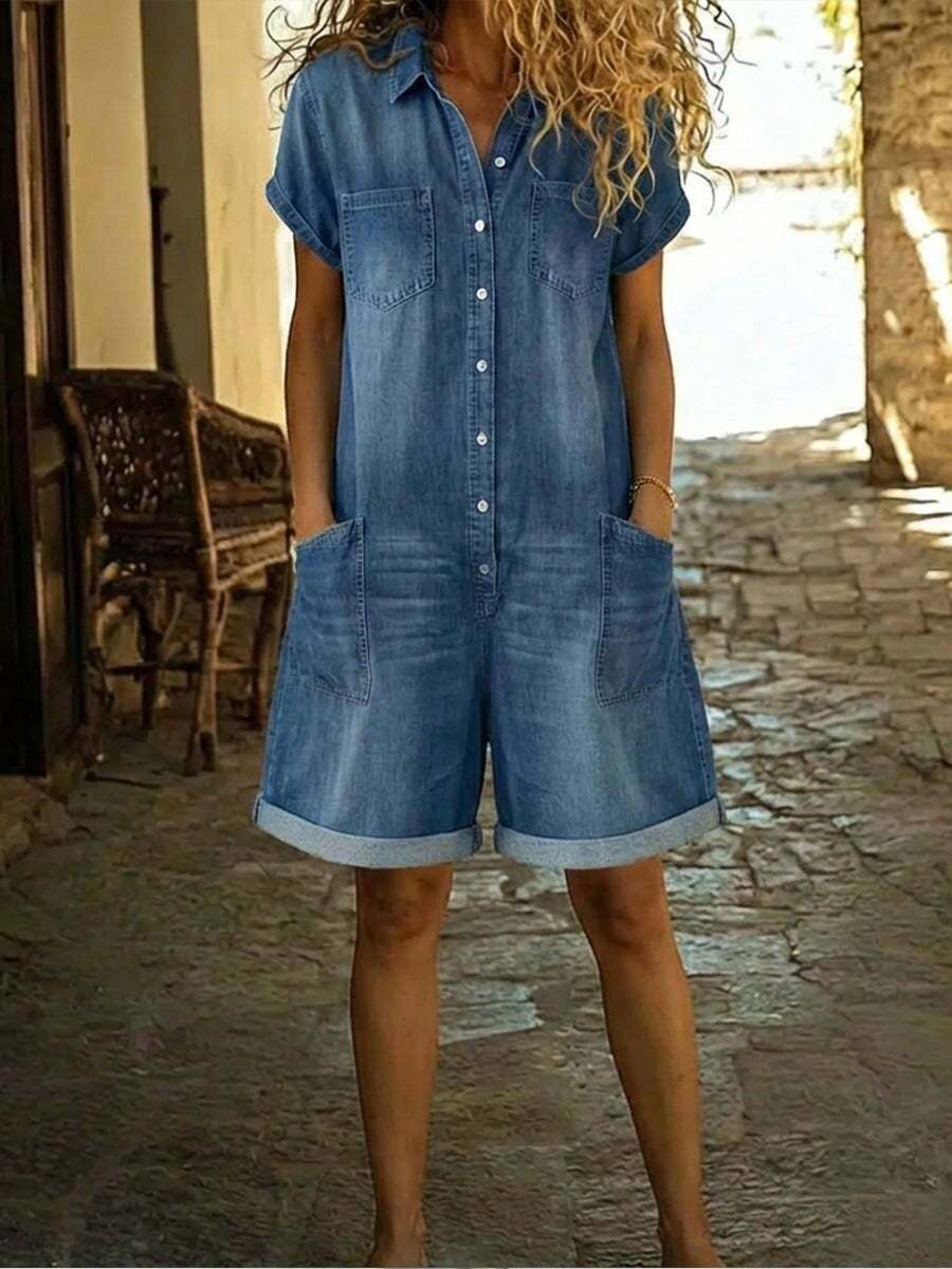 Spring 2026 Short-Sleeved Multi-Pocket Shirt Washed Denim Jumpsuit Shorts - Màu xanh lam - Xem 1