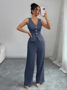 Conjunto de camiseta sin mangas y pantalones elegante para mujer, estilo de oficina y transporte, atuendo de otoño para maestros - Azul - Ver 6