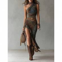Free Shipping Boho Western Vintage Patchwork One Shoulder Maxi Dress, High Slit Asymmetric Hem Bodycon Dress For Music Festival & Cowgirl Outfits - Màu sắc - Xem 2