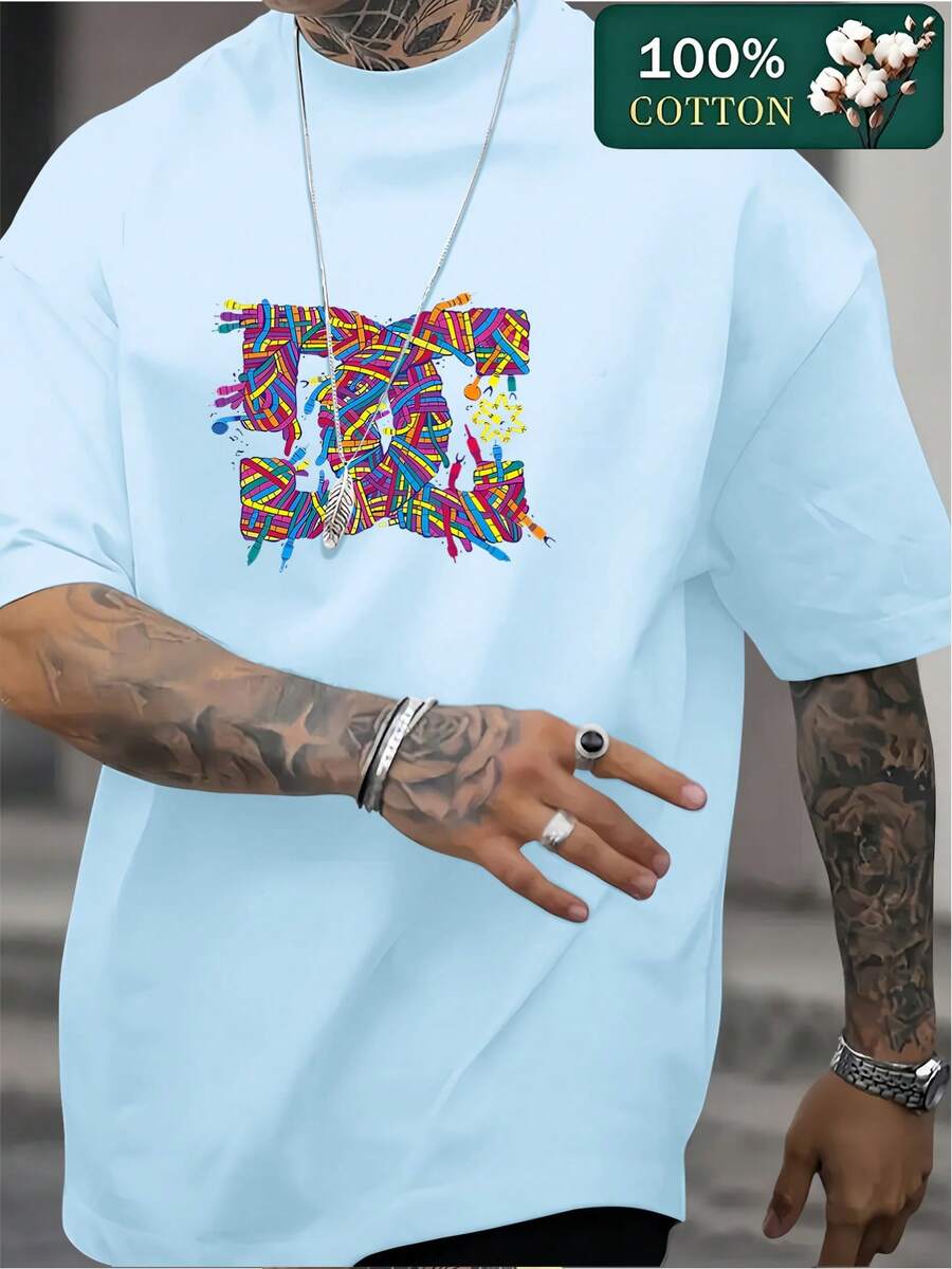 Men's Casual Short-Sleeve T-Shirt, Comfortable Breathable Crew Neck T-Shirt For All Home And Outdoor Activities, Spring-Summer Style Solid Color Print Casual Short-Sleeve Sports T-Shirt, Ideal As A Gift For Men - 藍天 - 查看 1