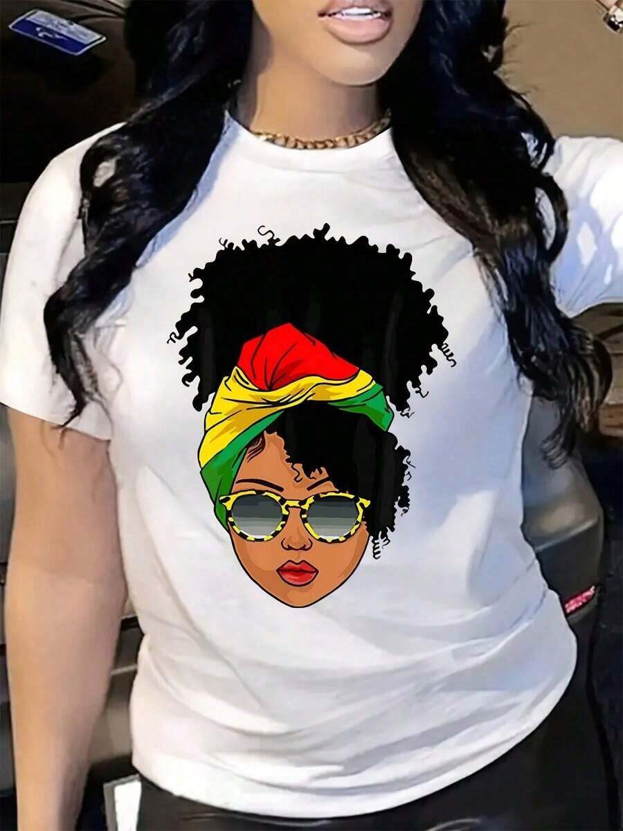 Women's Short-Sleeved T-Shirts, Round Neck, 100% Cotton, Casual Style, With Graphic Print Of An African American Woman With A Headscarf, White Short-Sleeved T-Shirt, Cultural Pride Aesthetic, Breathable And Soft, All-Day Comfort, Everyday Wear. - 白色 - 查看 1