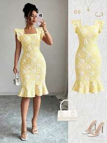 Vestido elegante de jacquard de cuello cuadrado y manga corta para uso diario, verano - Amarillo mantequilla - Ver 7