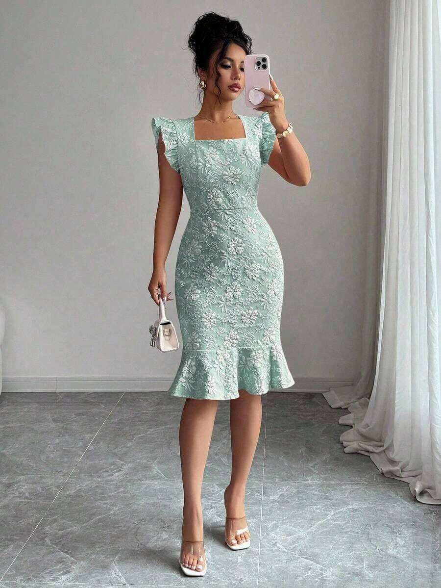 Vestido elegante de jacquard para ir al trabajo, verano - verde menta - Ver 1