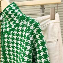 Áo khoác cardigan dệt kim họa tiết răng cưa màu xanh lá cây dành cho nữ, có khóa kéo và cổ đứng, tay dài, độ co giãn vừa phải, chiều dài tiêu chuẩn, thích hợp cho mùa thu/đông. - màu xanh lá - Xem 9