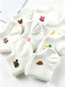 1/4/8 Pairs Summer White Minimalist Cartoon Bear/Rabbit/Tulip/Banana Pattern, Cute Animal & Floral Short Socks, Soft Low-Cut Socks, Casual, Daily Versatile Socks - Multicolor - View 2