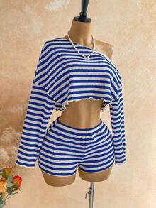 Conjunto de 2 piezas de top de manga larga con hombro asimétrico y degradado y shorts de moda para mujer - Multicolor 7 - Ver 8