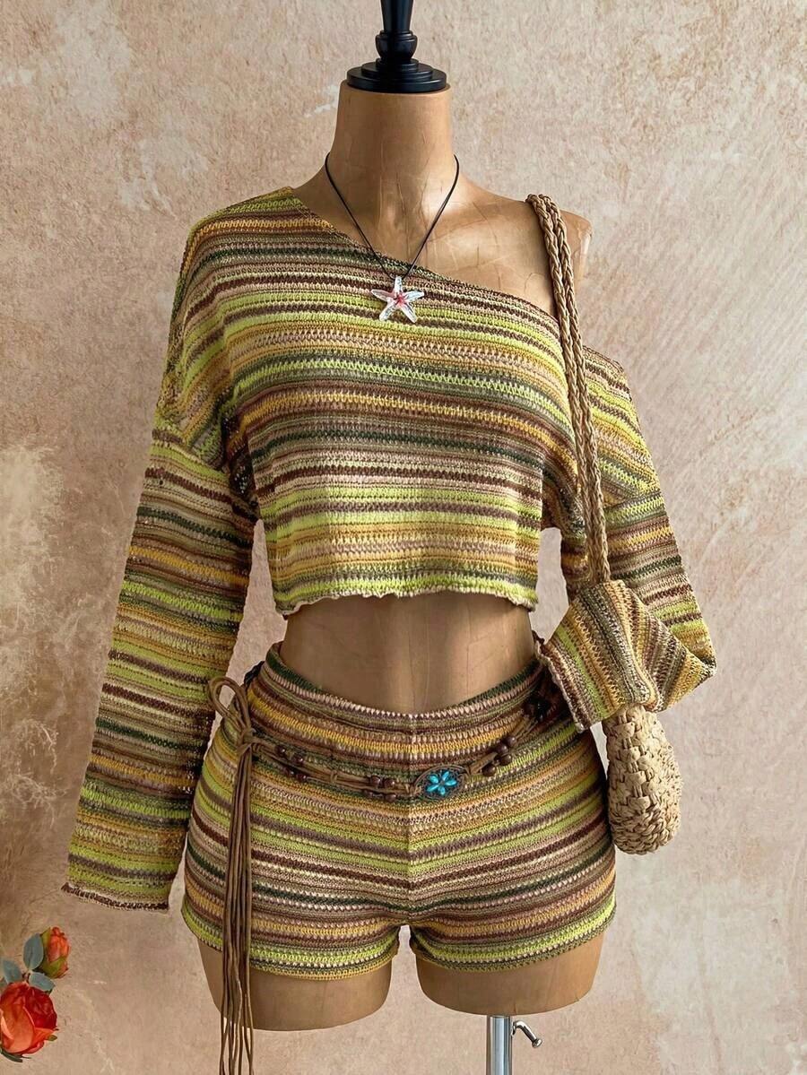 Casual 2-Piece Set Consisting Of A Cropped Top With An Irregular Neckline And Lettuce Hem, And Shorts, In A Solid Color, For Vacation, Spring/Summer - Olive Green - View 1