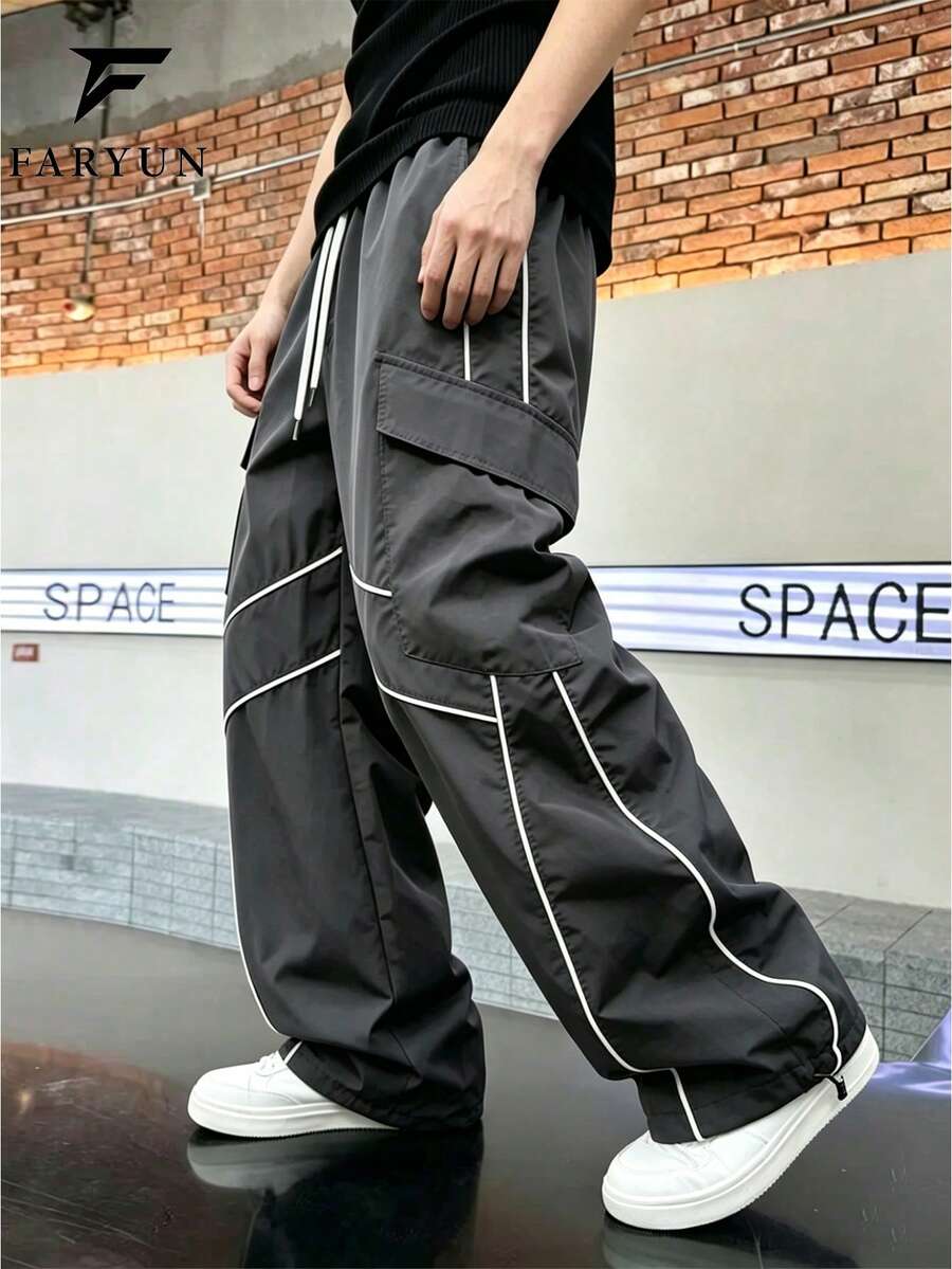 Pantalones cargo holgados con cintura con cordón, bolsillos múltiples y costuras de contraste, estilo casual de alta calle, adecuados para el uso diario en primavera/otoño - Gris Oscuro - Ver 1