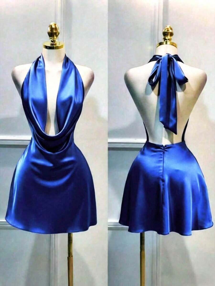 1 pieza Vestido corto de satén de unicolor y espalda descubierta, vestido de playa, vestido mini elegante para mujer, vestido casual elegante, vestido fluido, vestido corto de verano - Azul - Ver 1