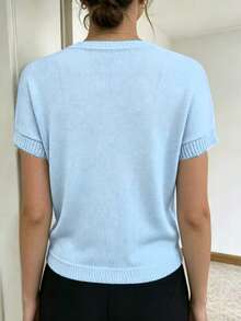 Solid Color Minimalist Fashionable Breathable Round Neck Short Sleeve Knit Top Summer - Baby Blue - View 2