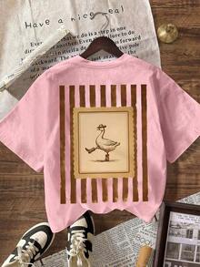 Camiseta de Mujer con Estampado Divertido de Ganso Vaquero del Oeste, Manga Corta, Cuello Redondo, Estilo Casual, Top de Verano - Rosa Pálido - Ver 2
