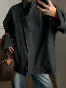 Chaqueta cortavientos de mujer de un solo botonadura de manga larga y unicolor, ropa de mujer de otoño - Negro - Ver 1