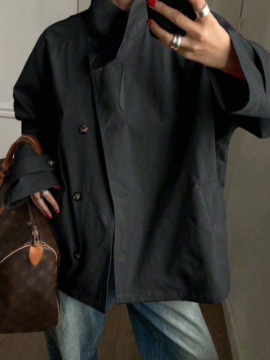 Chaqueta cortavientos de mujer de un solo botonadura de manga larga y unicolor, ropa de mujer de otoño - Negro - Ver 1