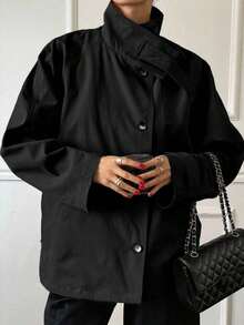 Chaqueta cortavientos de mujer de un solo botonadura de manga larga y unicolor, ropa de mujer de otoño - Negro - Ver 2