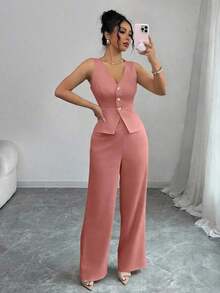 Conjunto de camiseta sin mangas y pantalones elegante para mujer, estilo de oficina y transporte, atuendo de otoño para maestros - Rosa - Ver 6