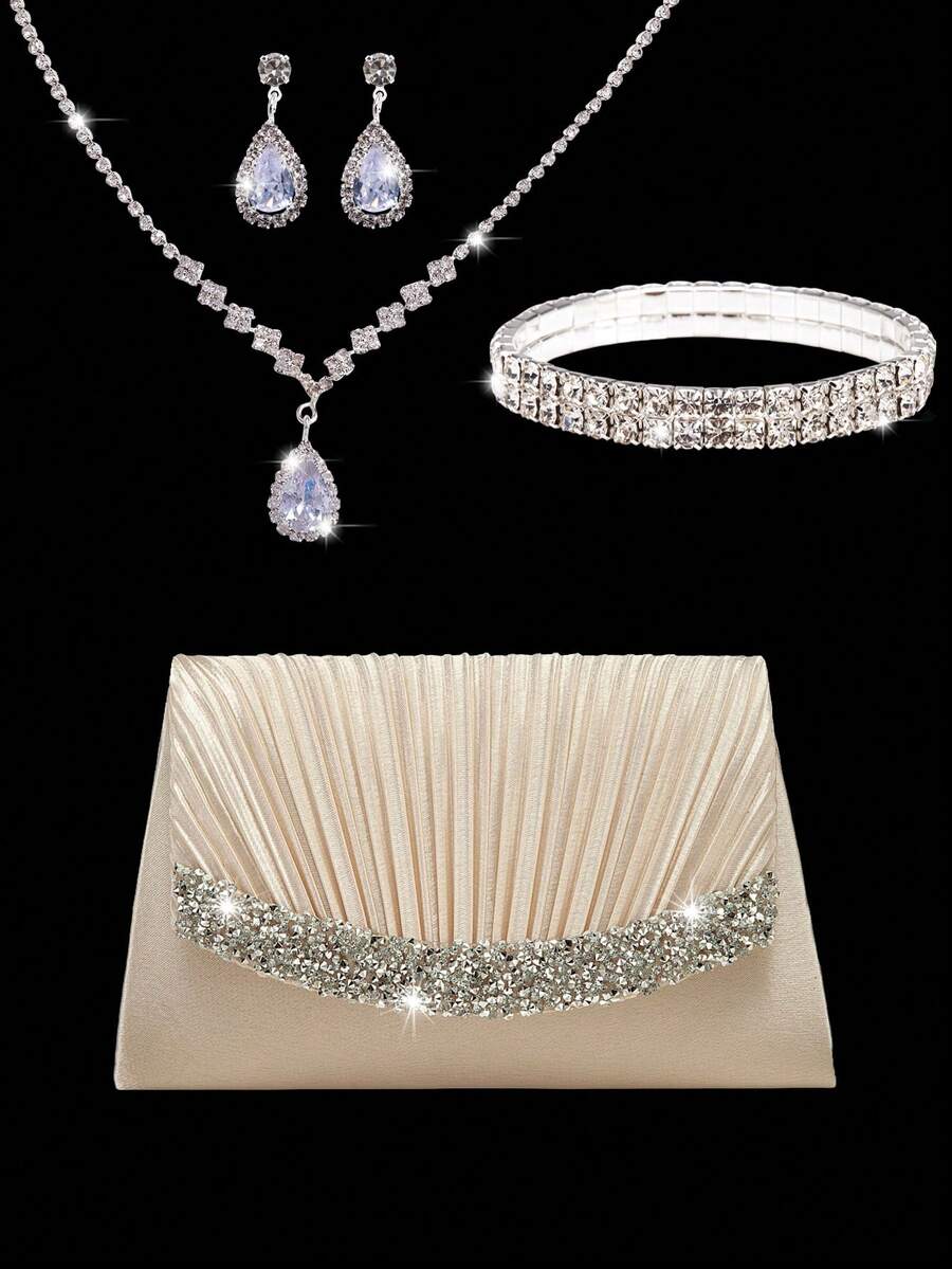 Women's Satin Clutch, New Rhinestone Evening Bag, Women's Party Bag, Luxury Envelope Bag, Bridal Wedding Bag, With Sparkling Rhinestone Jewelry Three Pieces Set, Rhinestone Necklace, Earrings, Bracelet, Suitable For Parties, Dinners, Gatherings, Dances, Weddings - Apricot - View 1
