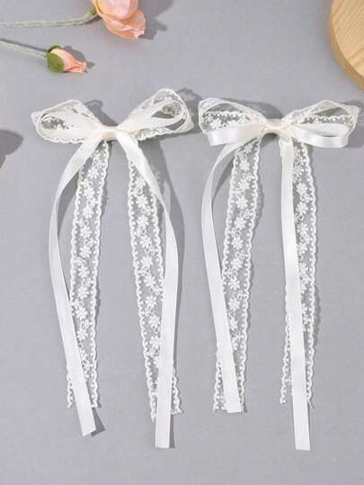 1/2pcs Floral Lace Hair Clips, Beige Ribbon Bow Alligator Clips, Long Tail, Elegant Wedding Hair Clips, Mother's Day Holiday Hair Accessories, Gift